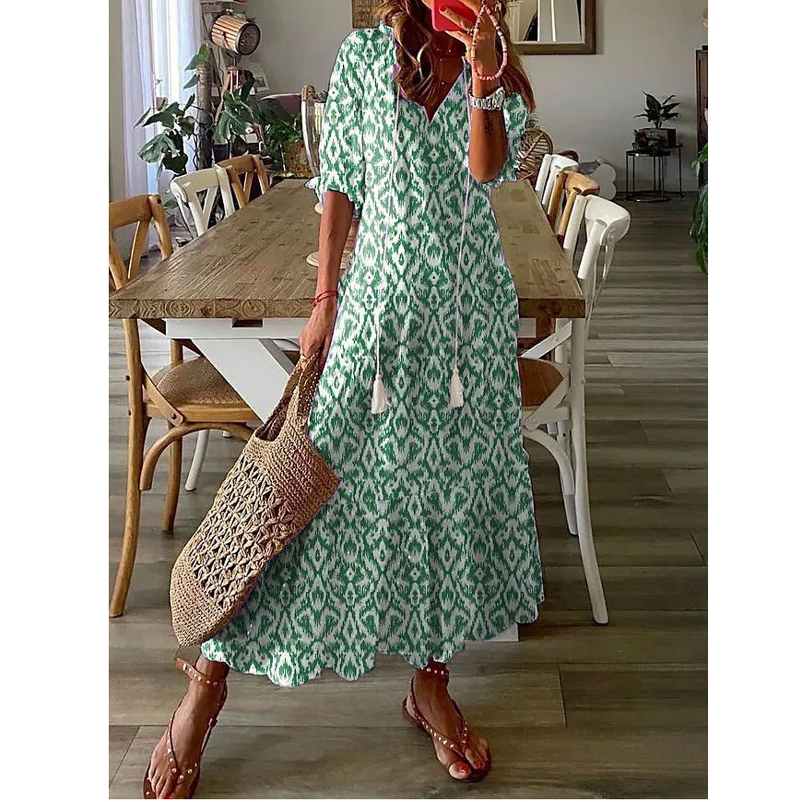 Usmixi Formal Dresses for Women Elbow-Length V-Neck Geometric Print Summer Maxi Dresses with Tassel Loose Flowy Swing Beach Tunic Dress Green S